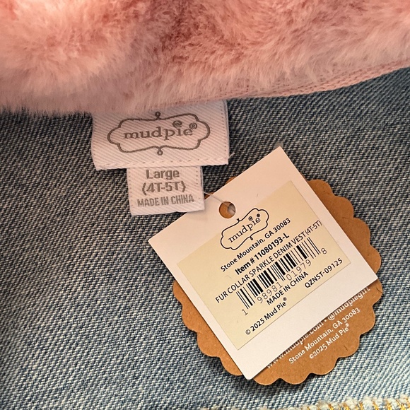 Mud Pie Faux Fur Collar Sparkle Denim Vest Rhinestone Party Glam Blue Pink 4T-5T - Picture 8 of 8